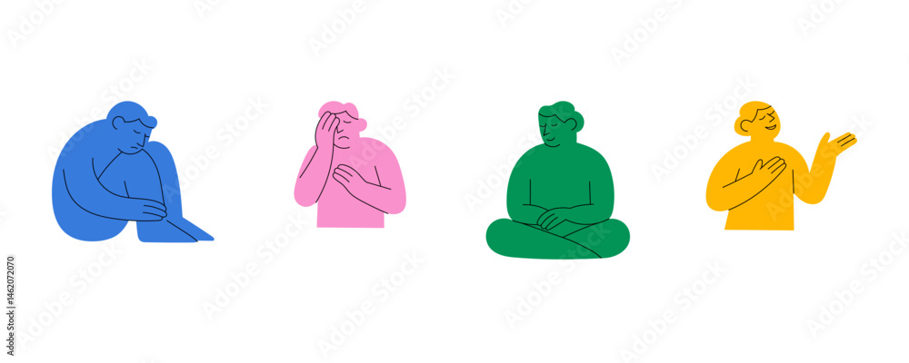 Fototapeta premium Mental health and emotions illustration – Set of people showing sadness, anxiety, calmness, and confidence in minimal flat style. Emotional expression characters isolated on white background