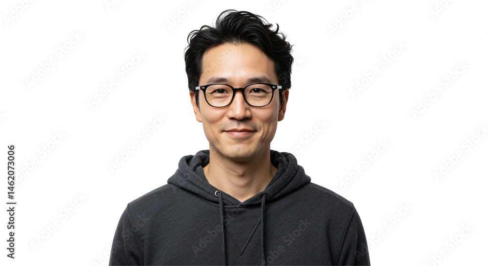 Fototapeta premium Portrait of an Asian Male in a Hoodie with Glasses, Smiling Against a Black Background, Displaying a Friendly and Approachable Expression
