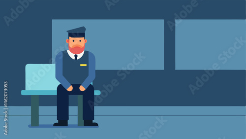 Lonely Security Guard A solitary security guard sitting at a central station looking bored with a blank screen in front of him showing no activity.