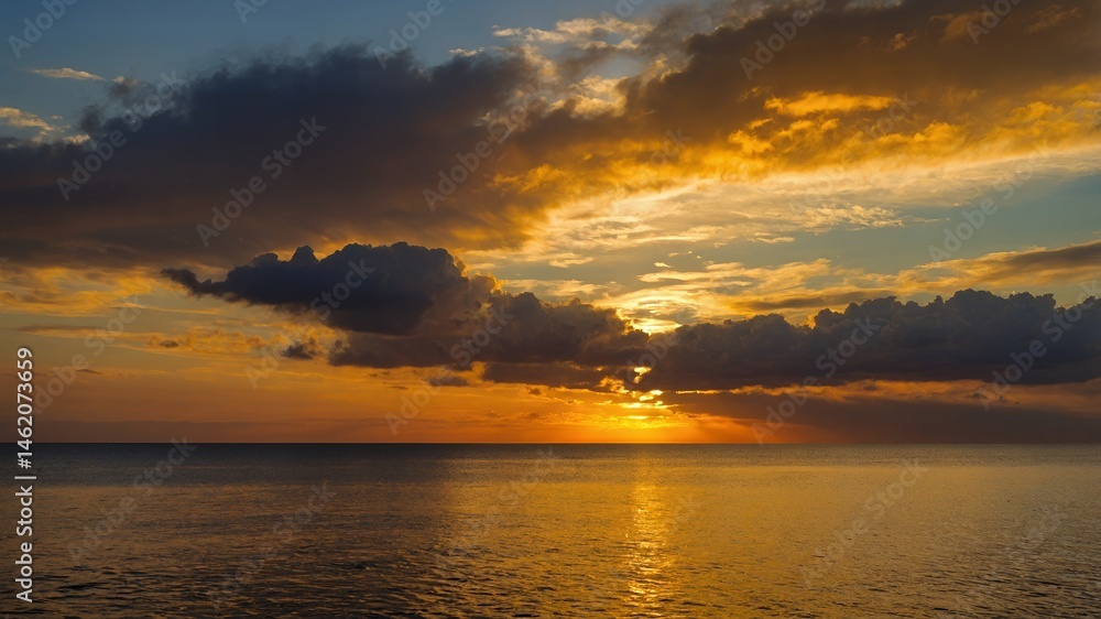 Obraz premium Dramatic Golden Sunset over Calm Ocean with Dark Cloudscape
