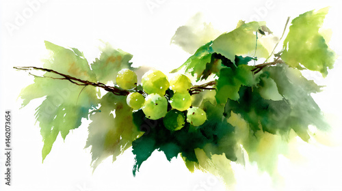 Watercolour illustration of fresh grapes on vine great for food project