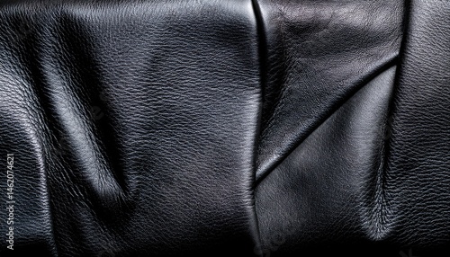 Textured Black Leather Background Surface, Grain, Creases, Folds, Wrinkles