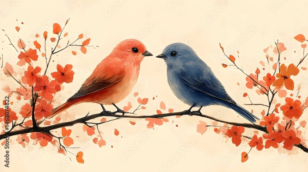 Obraz premium Two birds are perched on a branch with red and blue feathers