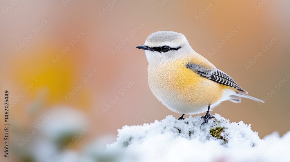Fototapeta premium Small, yellow-toned bird perched on snowy branch. Soft, autumnal background