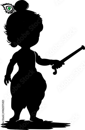 Hindu God Little Krishna, Silhouette Vector Image