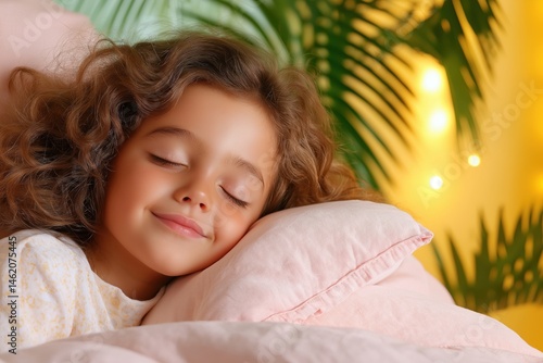 Wallpaper Mural Delicate moment captured as child peacefully sleeps on pastel bedding surrounded by warm, colorful lights and greenery Torontodigital.ca