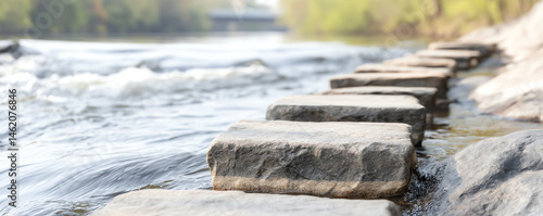 Stepping stones create strategic plan for crossing river while enjoying nature beauty