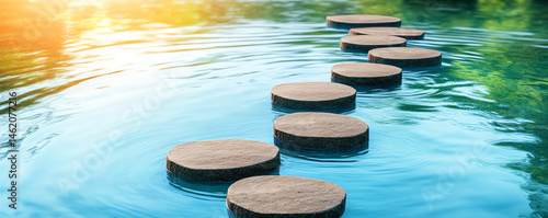 Stepping stones create strategic plan for navigating tranquil waters while enjoying nature