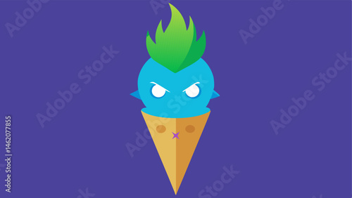 Mohawk Madness A scoop of creamy vanilla ice cream sits in a classic cone. The mohawk is depicted with vibrant green and blue layers creating a punk look. The ice cream has intense