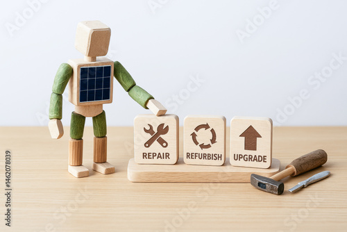 Sustainable eco friendly wooden robot with solar panel points to repair refurbish upgrade blocks promoting green technology