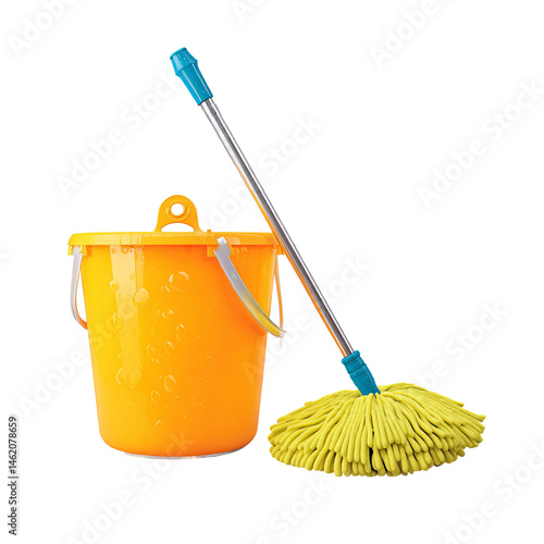 A bright yellow bucket and a mop sitting next to each other against a pristine background. They are essential for cleaning.