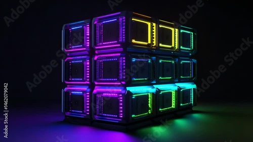 Abstract technology concept with glowing neon cube structure on dark background