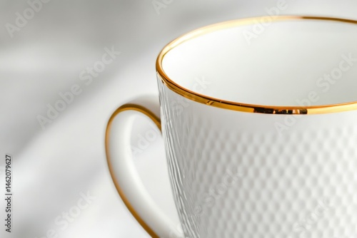 A close-up of a blank white mug with a gold rim