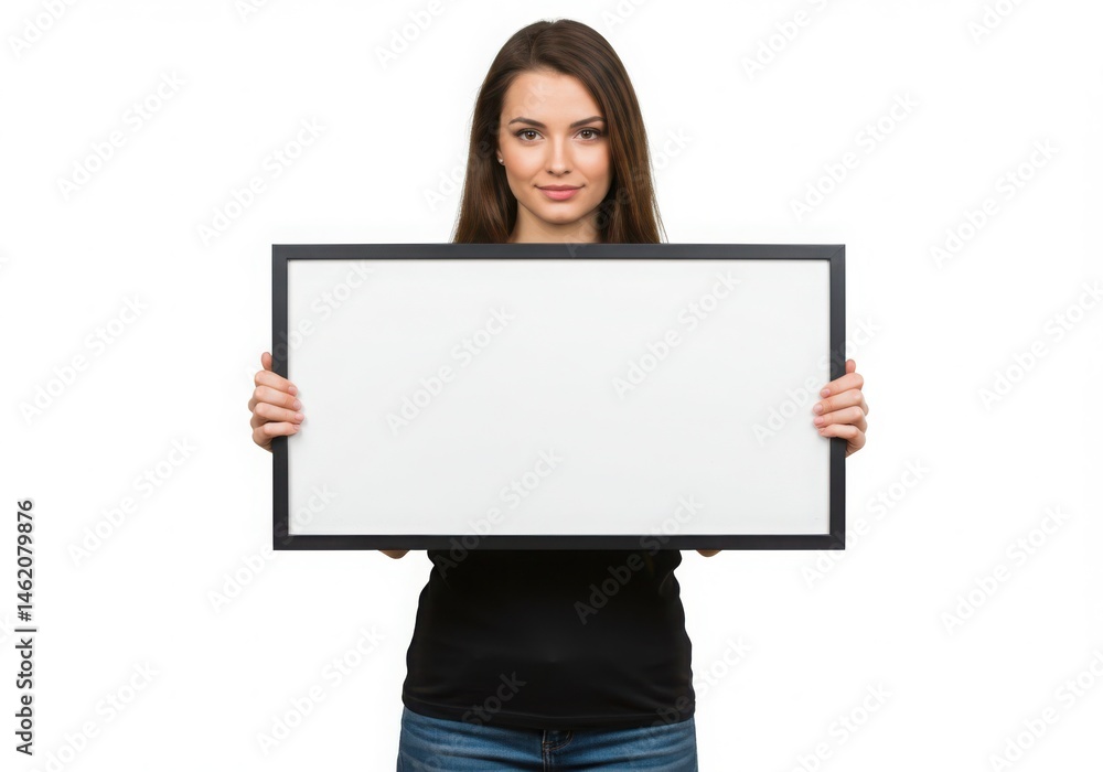 Woman holds blank rectangular frame isolated on white background