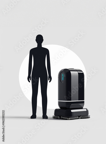 Illustration, Silhouette of a man with a robotic floor cleaner, vacuum cleaner, black and white icon.