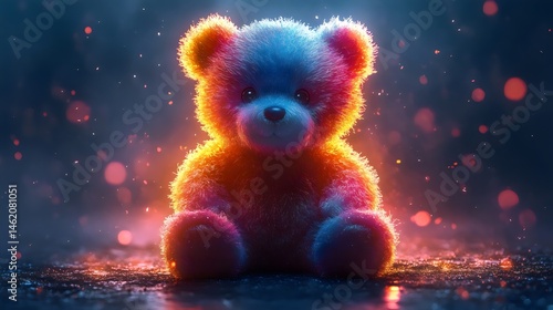 A teddy bear with a rainbow colored face is sitting on a dark surface