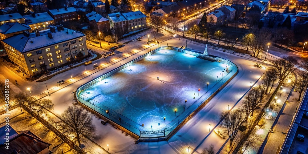 Aerial View of Illuminated Outdoor Ice Rink at Night Aerial View of Illuminated Outdoor Ice Rink at Night