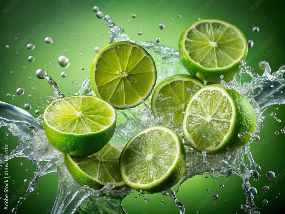Aerial View of Juicy Lime Slices Splashing in Water - Freshness and Vitality Aerial View of Juicy Lime Slices Splashing in Water - Freshness and Vitality