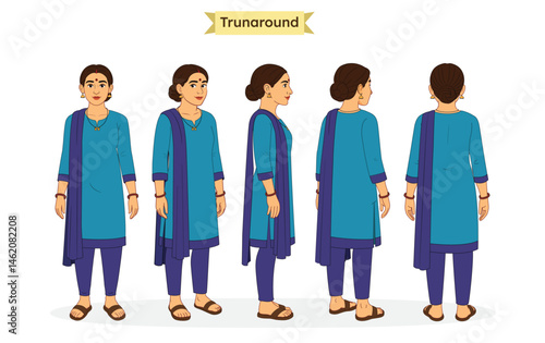  Indian Woman Turnaround Sheet – Front, Side, ⅓ front view, ⅓ back view and Back Views. Indian Woman in Suit & Salwar Character turnaround sheet.
