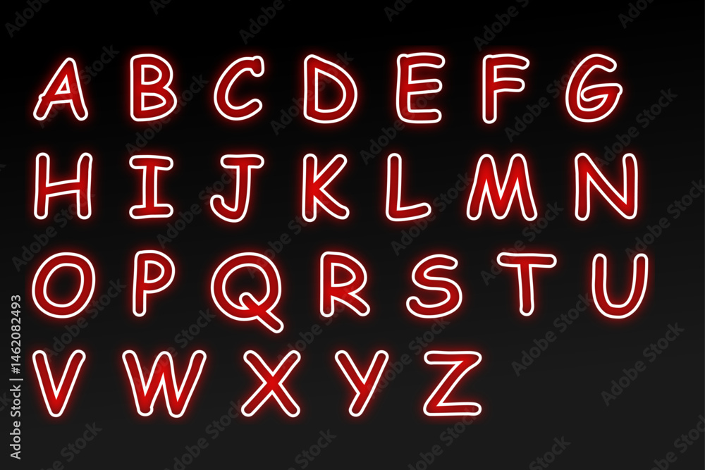 Neon alphabet letters a to z glowing red font for education and design projects uppercase typography set Neon alphabet letters a to z glowing red font for education and design projects uppercase typography set