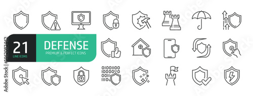 Set of Line Icons Related to Defense, Security, Protection, Secure, Shield.