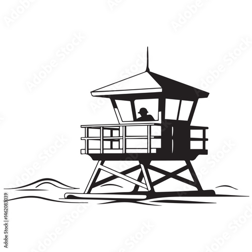 A black and illustration featuring a lifeguard tower Vector Black silhouettes. with white background