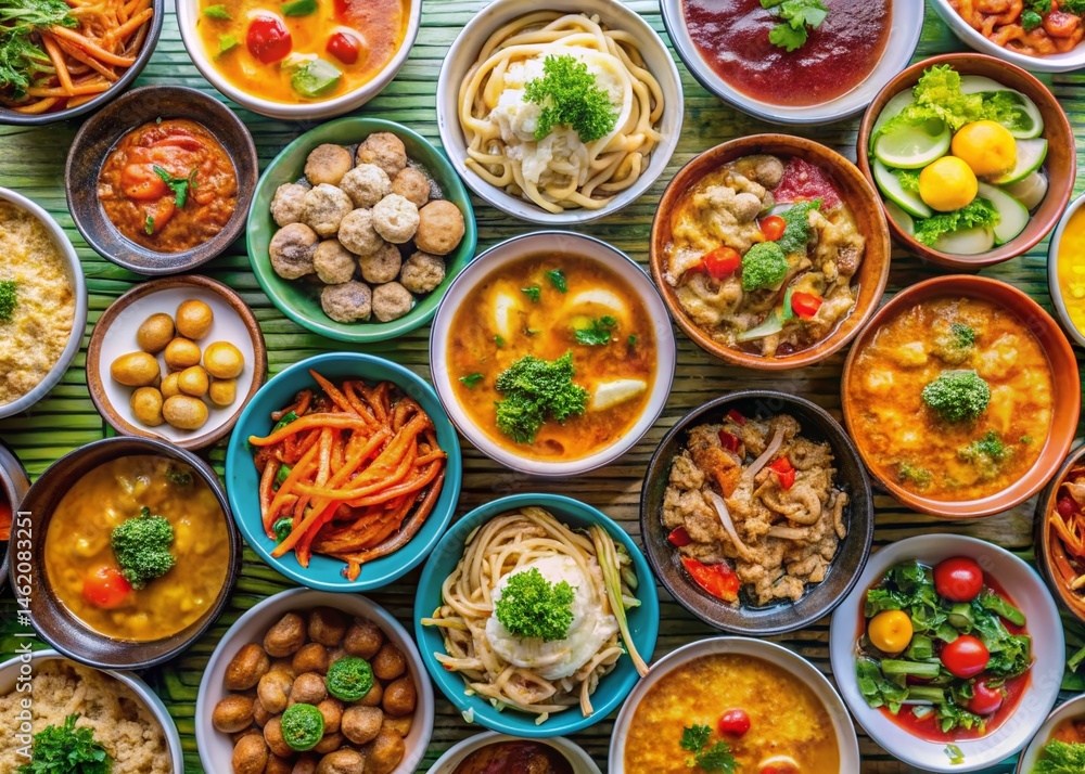 Aerial View of Singapore Laksa Soup Bowls, Hawker Center, Vibrant Food Scene Aerial View of Singapore Laksa Soup Bowls, Hawker Center, Vibrant Food Scene