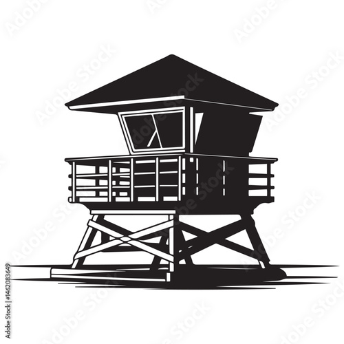 A black and illustration featuring a lifeguard tower Vector Black silhouettes. with white background