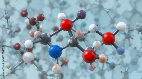 6PPD rubber additive molecule. Toxic to salmon. 3D rendering. Atoms are represented as spheres with conventional color coding: hydrogen (white), carbon (grey), oxygen (red), nitrogen (blue).