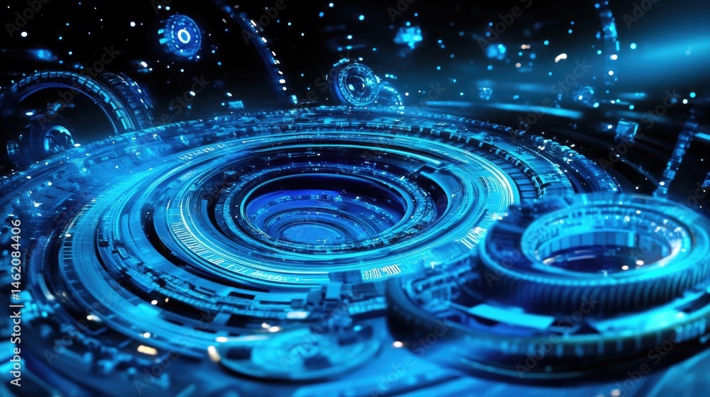 Futuristic, glowing, circular, technological interface. Complex, interconnected, digital, mechanical, and intricate systems Futuristic, glowing, circular, technological interface. Complex, interconnected, digital, mechanical, and intricate systems
