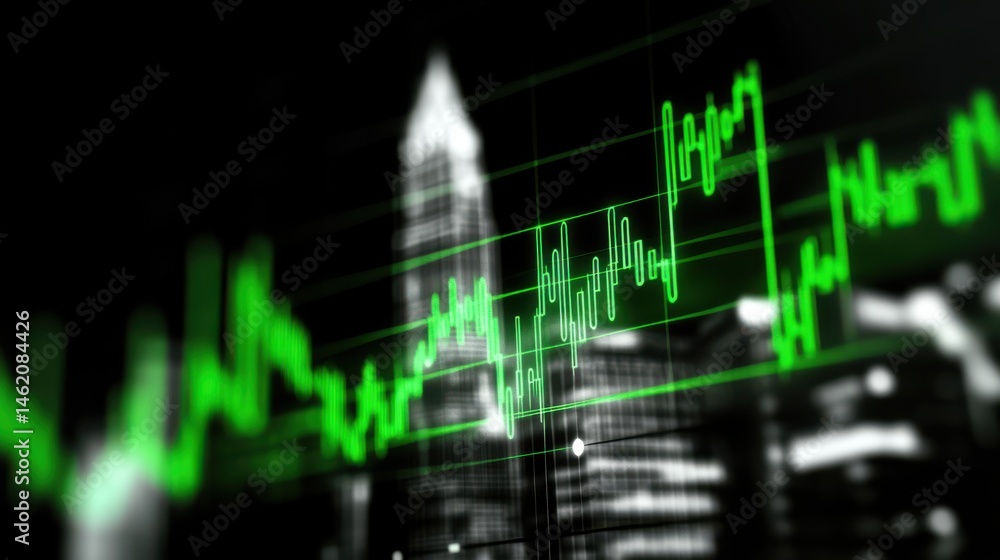 A green line graph on a black background, overlaid with a blurred cityscape at night, symbolizing financial data and urban growth A green line graph on a black background, overlaid with a blurred cityscape at night, symbolizing financial data and urban growth