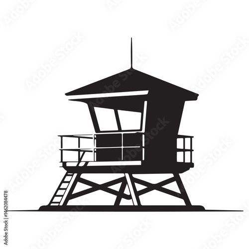 A black and illustration featuring a lifeguard tower Vector Black silhouettes. with white background