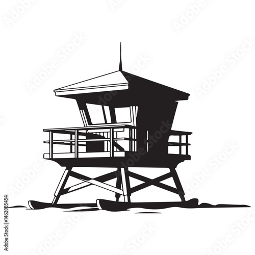 A black and illustration featuring a lifeguard tower Vector Black silhouettes. with white background