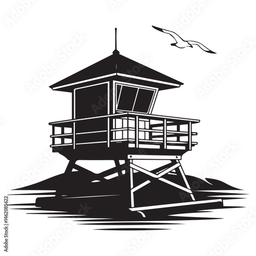 A black and illustration featuring a lifeguard tower Vector Black silhouettes. with white background