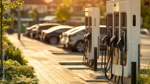 Electric vehicle charging stations in an urban environment, with parked cars and green surroundings, emphasizing sustainable and modern transportation