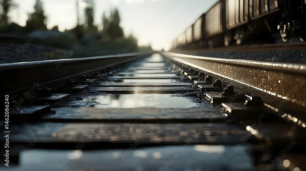 Fototapeta premium Low Angle View Of Wet Train Tracks At Sunset
