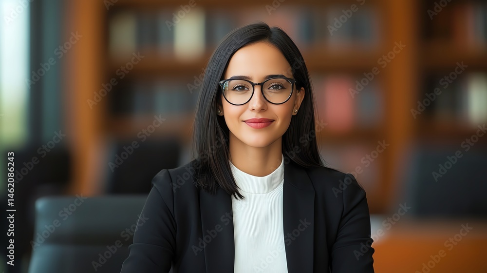 A confident businesswoman in a professional setting, wearing glasses and a tailored suit, represents leadership and career success. Ideal for corporate and empowerment themes.