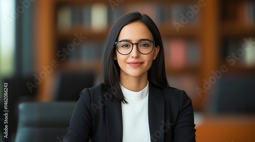 Obraz na płótnie A confident businesswoman in a professional setting, wearing glasses and a tailored suit, represents leadership and career success. Ideal for corporate and empowerment themes. w salonie