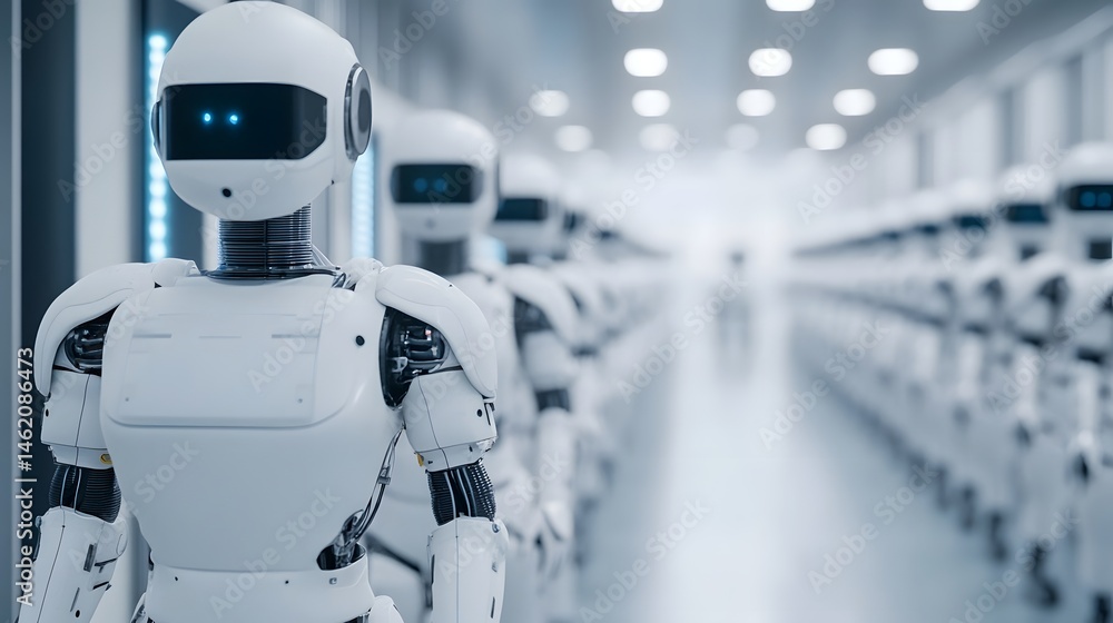 Robotic arms in a futuristic factory assembly line Robotic arms in a futuristic factory assembly line