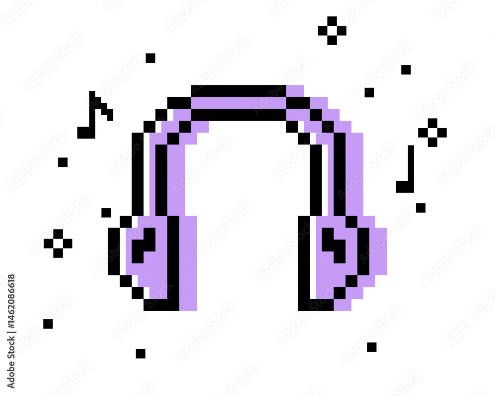 Fototapeta premium Y2k inspired headphone sticker in pixel art. Dj. Listen to music, radio podcast. Pixel earphone icon. Mood of 90's. 8 bit retro style vector illustration. Trendy geometric shape. Game abstract element