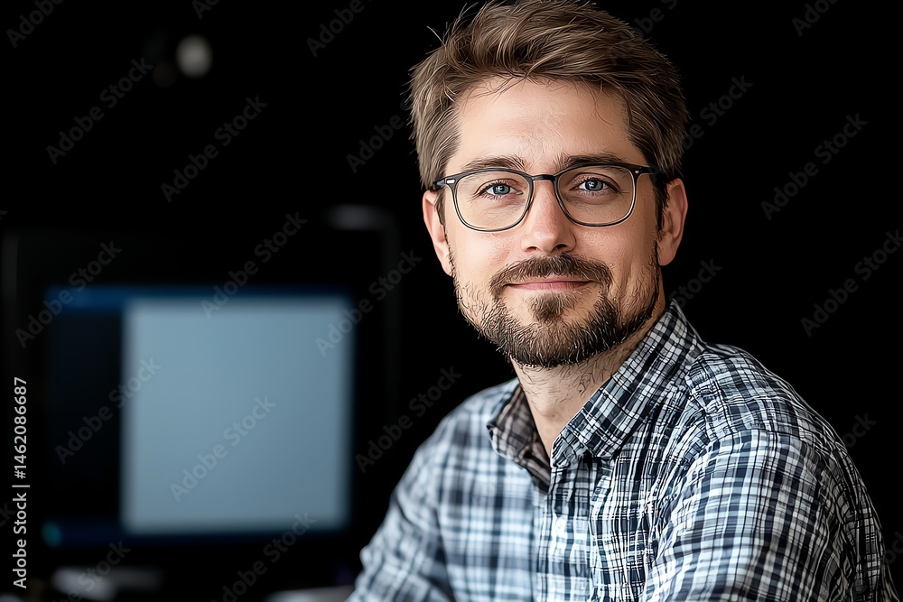 A confident young man with glasses smiling at the camera, sitting in a modern office environment, exuding professionalism and approachability