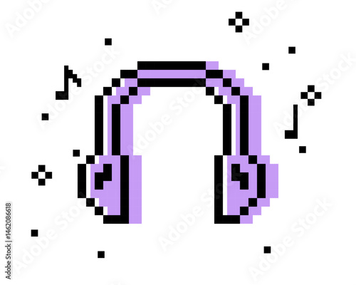Y2k inspired headphone sticker in pixel art. Dj. Listen to music, radio podcast. Pixel earphone icon. Mood of 90's. 8 bit retro style vector illustration. Trendy geometric shape. Game abstract element
