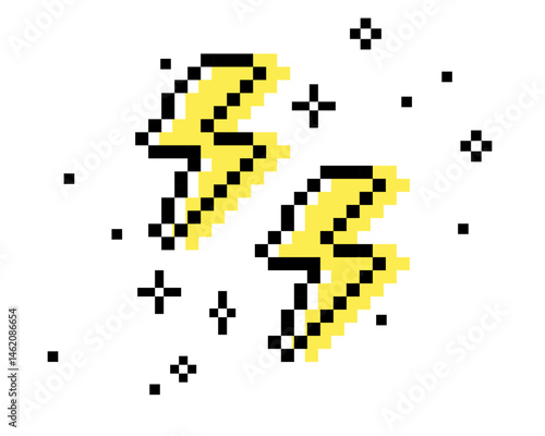 Y2k inspired lightning flash pixel art black element. Thunder icon. Trendy collage sticker. Mood of 90's. 8 bit retro style vector illustration. Simple geometric shape. Game abstract lightning icon