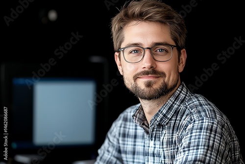 Obraz na płótnie A confident young man with glasses smiling at the camera, sitting in a modern office environment, exuding professionalism and approachability w salonie