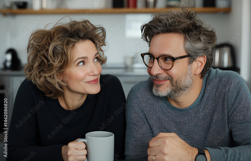 A cozy moment shared between a couple, enjoying each other's company over coffee, capturing joy, connection, and warmth in a modern home setting.