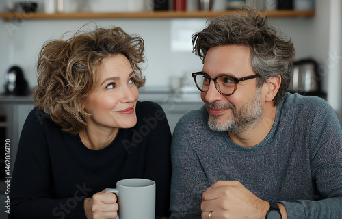 Obraz na płótnie A cozy moment shared between a couple, enjoying each other's company over coffee, capturing joy, connection, and warmth in a modern home setting. w salonie