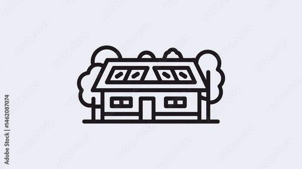 Black vector icon of a simple eco-lodge building with solar panels and trees, representing eco-tourism accommodation, minimalist design on a white background Black vector icon of a simple eco-lodge building with solar panels and trees, representing eco-tourism accommodation, minimalist design on a white background