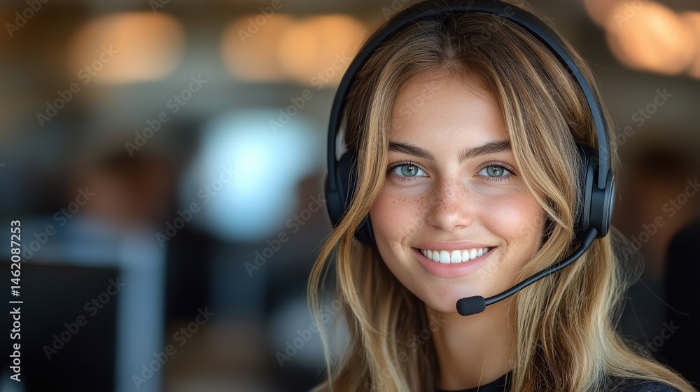 Joyful woman providing customer support in a busy call center during daytime Joyful woman providing customer support in a busy call center during daytime