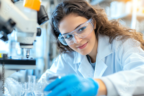 A focused young female scientist conducts research in a modern laboratory. Wearing a lab coat and safety goggles, she carefully analyzes samples under a microscope with precision.