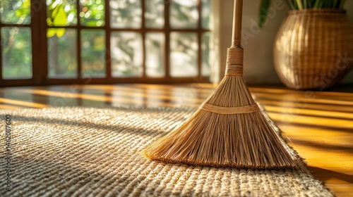 Sunlight streams through windows, illuminating a broom sweeping across a woven rug on hardwood floors